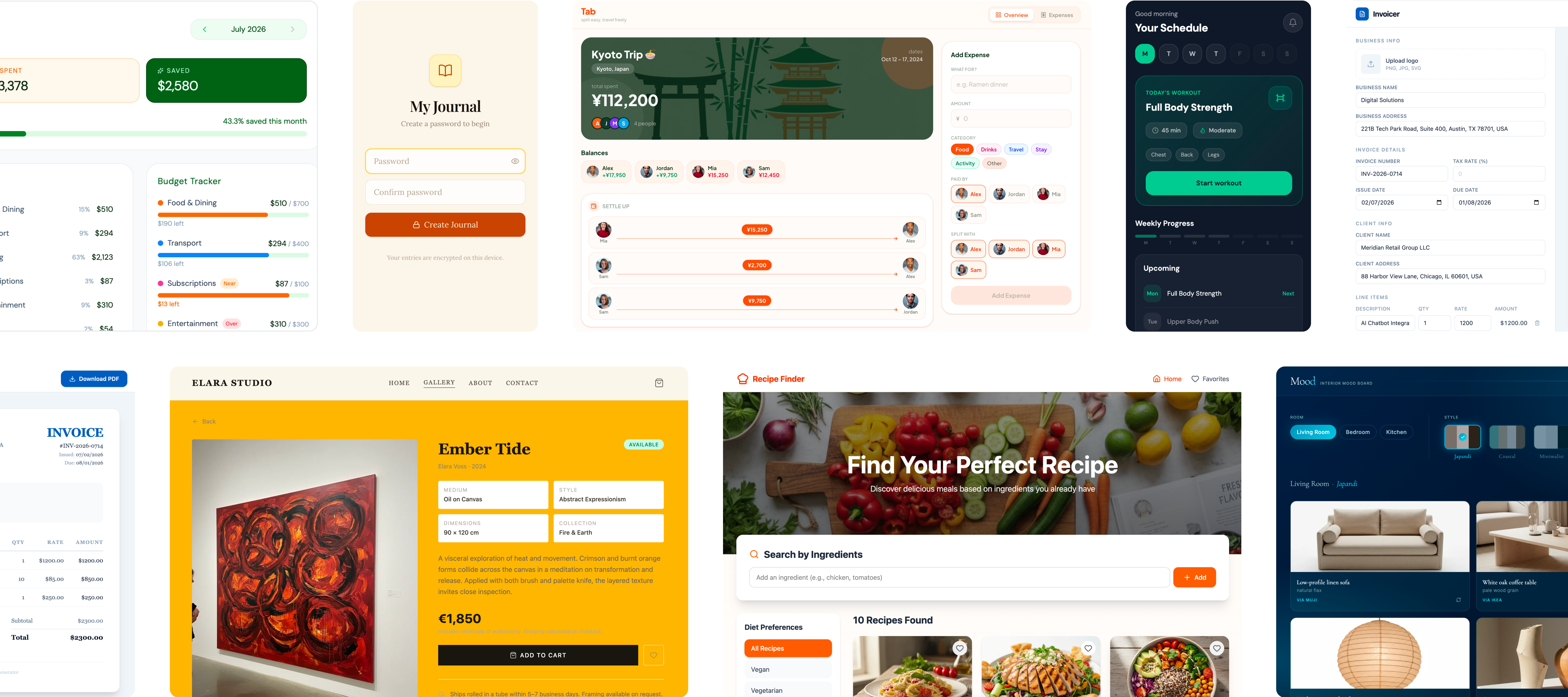 Grid showing nine Nova projects, including finance, journal, expense-splitting, fitness, invoicing, e-commerce, recipe, and interior design apps